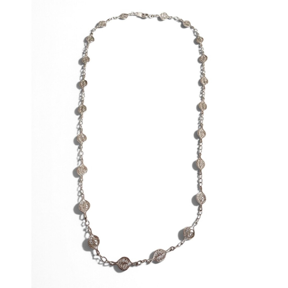 Vintage 1960s Signed Crown Trifari Silver Tone Filigree Station Chain Necklace